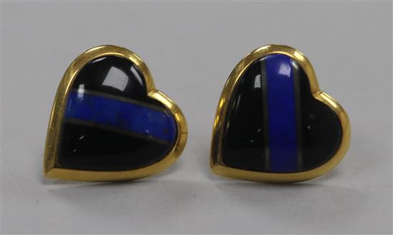 A pair of yellow metal and hardstone heart-shaped earrings.
